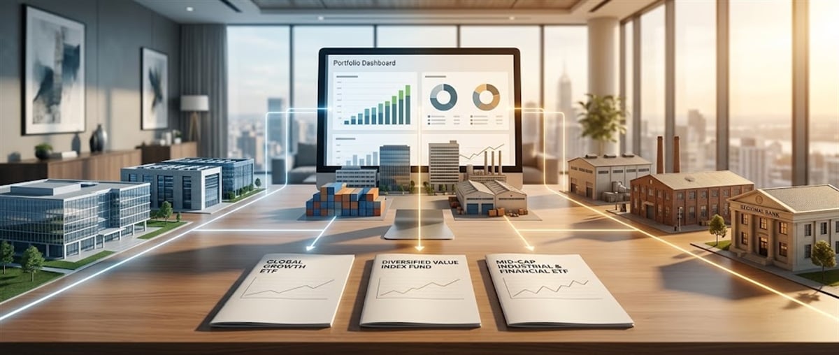 Illustration of a desk with miniature buildings, a monitor showing a portfolio dashboard, and fund brochures for growth, value, and industrial ETFs.