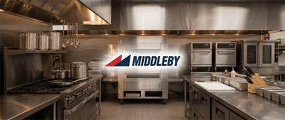 The Middleby logo overlaid on a commercial kitchen with stainless steel ovens, stovetops, and cookware.