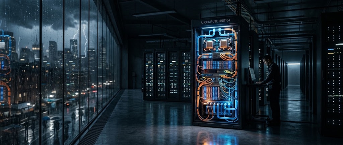 Data center at night with a labeled AI Compute Unit server rack and a technician working nearby.