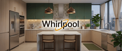 Whirlpool logo displayed over a modern kitchen with stainless steel appliances and wood cabinetry.