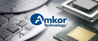 Amkor Technology logo displayed alongside semiconductor chips, a circuit board, and a silicon wafer.