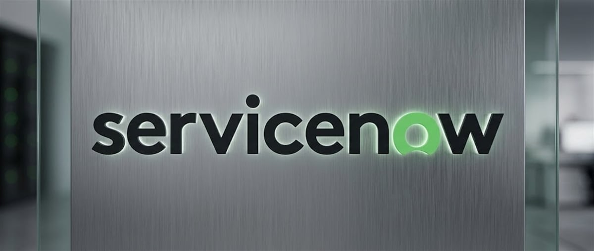 ServiceNow logo illuminated on a brushed metal wall in an office lobby setting.