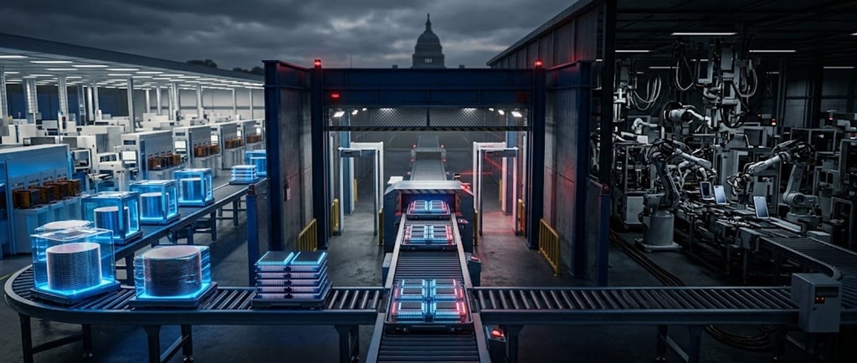 Digital illustration of an automated factory with robotic arms and conveyor belts, U.S. Capitol dome in background.