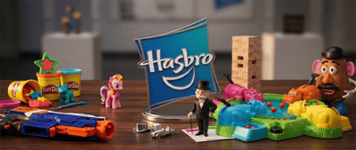 Hasbro logo displayed among branded toys including Play-Doh, Nerf, Mr. Potato Head, My Little Pony, Jenga, and Monopoly pieces.