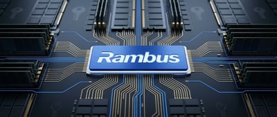 Rambus logo on a chip surrounded by circuit board traces connecting to memory modules.