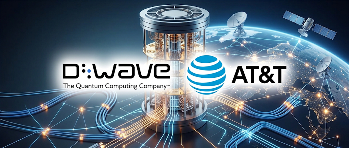 D-Wave Quantum and AT&T logos overlaid on an illustration of a quantum computer and global satellite network.