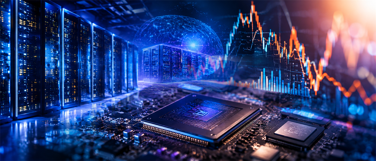 Illustration of a computer chip on a circuit board with server racks and a stock price chart overlay.