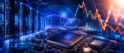 Illustration of a computer chip on a circuit board with server racks and a stock price chart overlay.