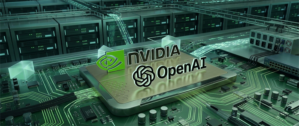 NVIDIA and OpenAI logos displayed on a computer chip against a background of data center servers.