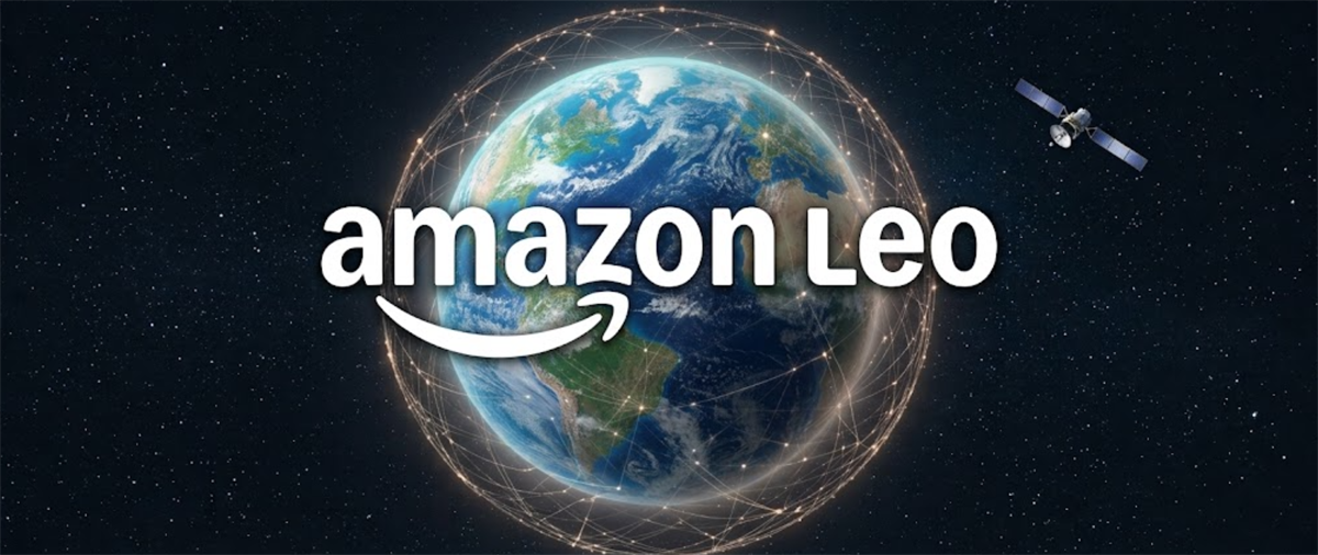 Amazon Leo logo over an illustration of Earth surrounded by a satellite network, with a satellite in space.