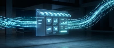 Digital illustration of a glowing online storefront interface with shopping icons, surrounded by streaming light lines representing e-commerce data.