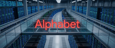 Illuminated Alphabet sign on a glass walkway in a data center lined with server racks.