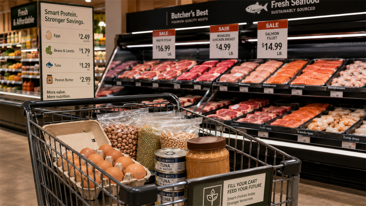 Grocery cart filed with protein-related products in front of  