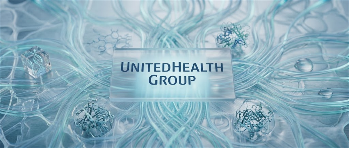 UnitedHealth Group name displayed on a glass panel surrounded by abstract molecular and DNA-like imagery.