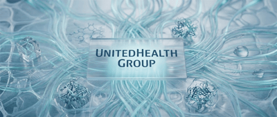 UnitedHealth Group name displayed on a glass panel surrounded by abstract molecular and DNA-like imagery.
