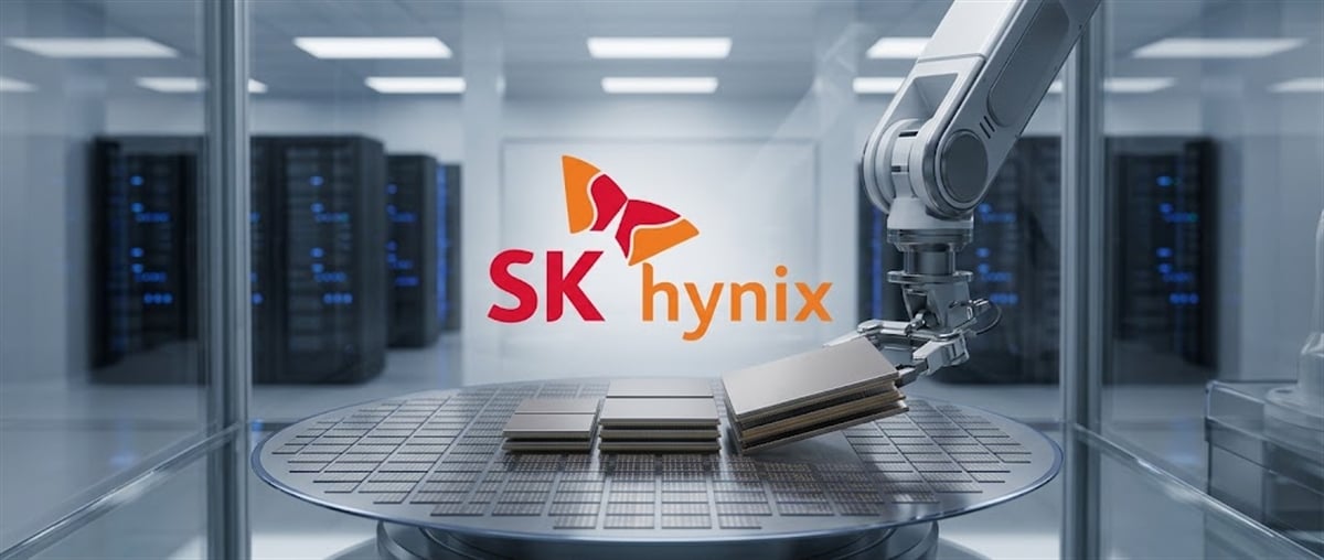 SK hynix logo above a robotic arm placing memory chips on a wafer in a server data center.