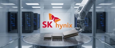 SK hynix logo above a robotic arm placing memory chips on a wafer in a server data center.