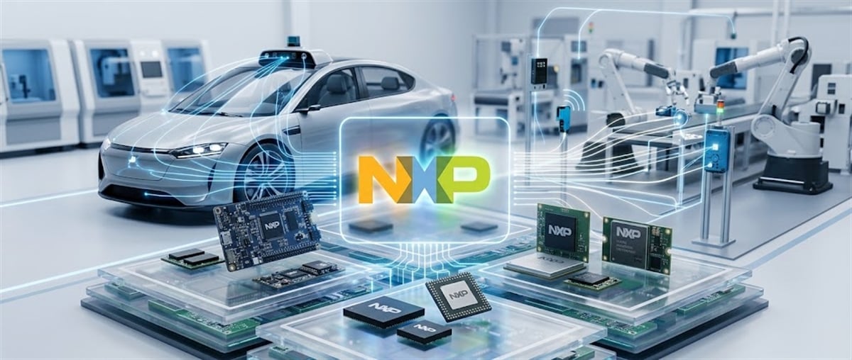 NXP Semiconductors logo with chips, circuit boards, an autonomous vehicle, and robotic arms in a factory setting.