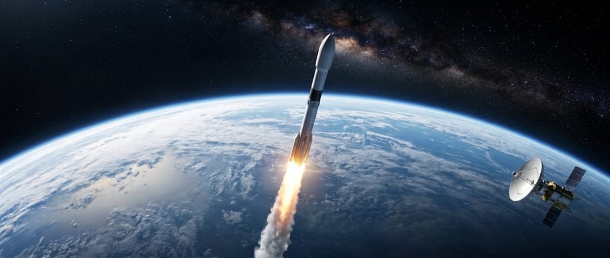 A photorealistic view of a rocket ascending into orbit above Earth, with a single communications satellite nearby against a starry space background.