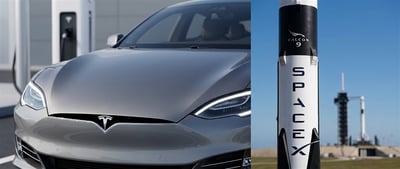 Split image showing a Tesla Model S front end with logo alongside a SpaceX Falcon 9 rocket on the launch pad.