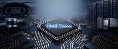 Qualcomm logo on a computer chip atop a circuit board, with server racks, a car dashboard, and an AI chip in the background.