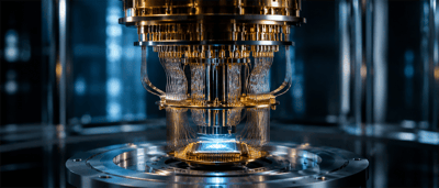Close-up of a quantum computing chip mounted inside a gold-plated dilution refrigerator with wiring.