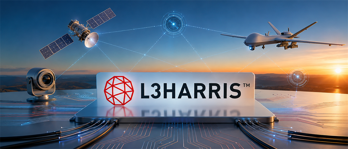 L3Harris logo on a panel with a satellite, drone, camera sensor, and network icons against a sunset sky.