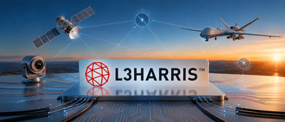 L3Harris logo on a panel with a satellite, drone, camera sensor, and network icons against a sunset sky.