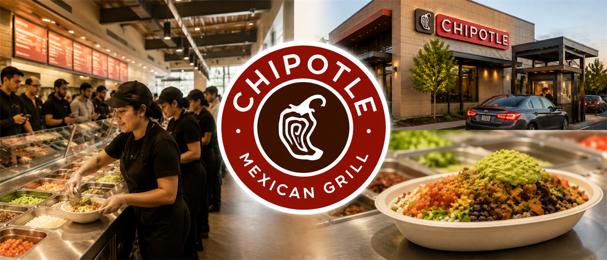 Composite image of Chipotle Mexican Grill showing the logo, storefront exterior, food assembly line, and a prepared burrito bowl.