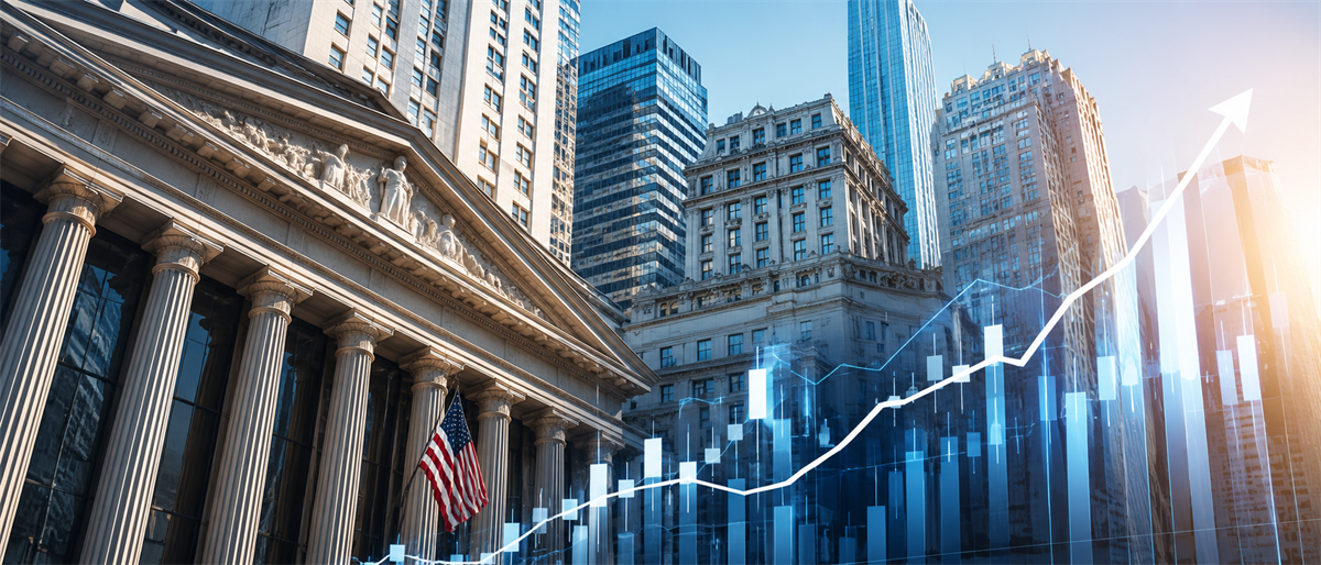 Illustration of an upward stock price chart overlaid on a Wall Street financial district skyline with an American flag.