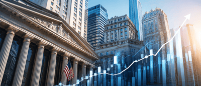 Illustration of an upward stock price chart overlaid on a Wall Street financial district skyline with an American flag.