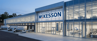 McKesson distribution facility exterior at dusk, showing branded trucks at loading docks and a glass-walled warehouse interior.