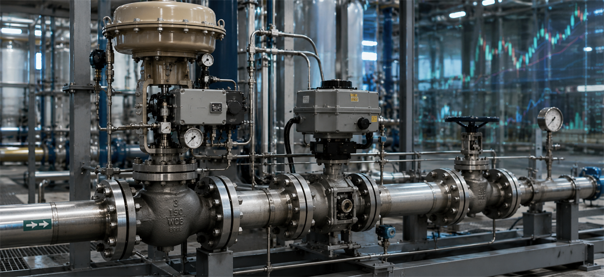 Industrial control valves and piping in a processing plant, overlaid with a faint stock price chart in the background.