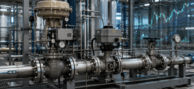 Industrial control valves and piping in a processing plant, overlaid with a faint stock price chart in the background.