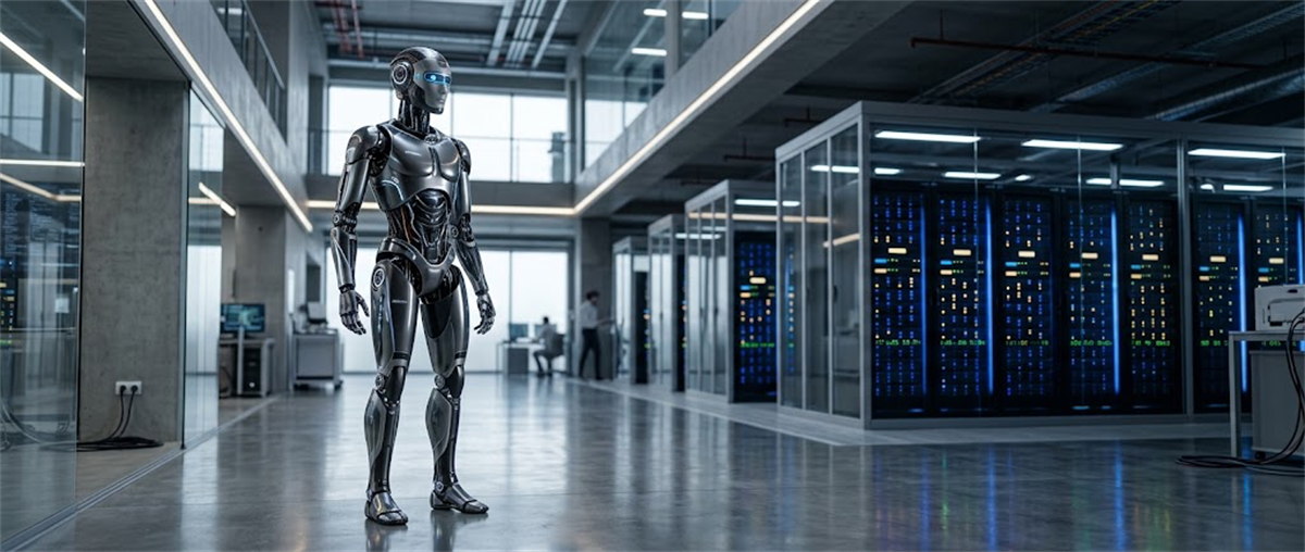 Humanoid robot standing in a data center hallway lined with illuminated server racks and glass-walled rooms.