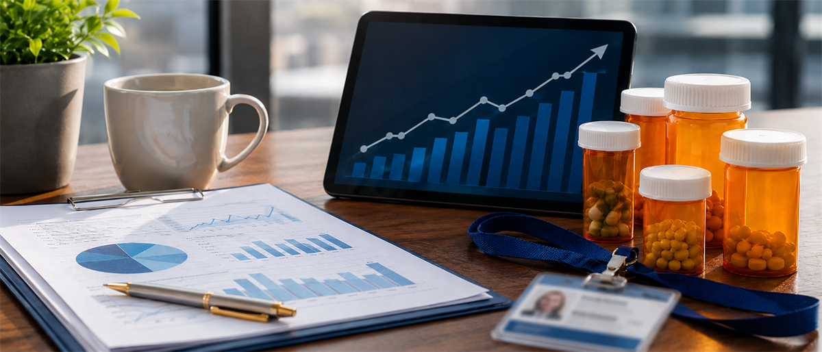 Desk scene with a tablet showing an upward stock chart, prescription pill bottles, financial reports, and a coffee mug.