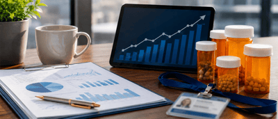 Desk scene with a tablet showing an upward stock chart, prescription pill bottles, financial reports, and a coffee mug.