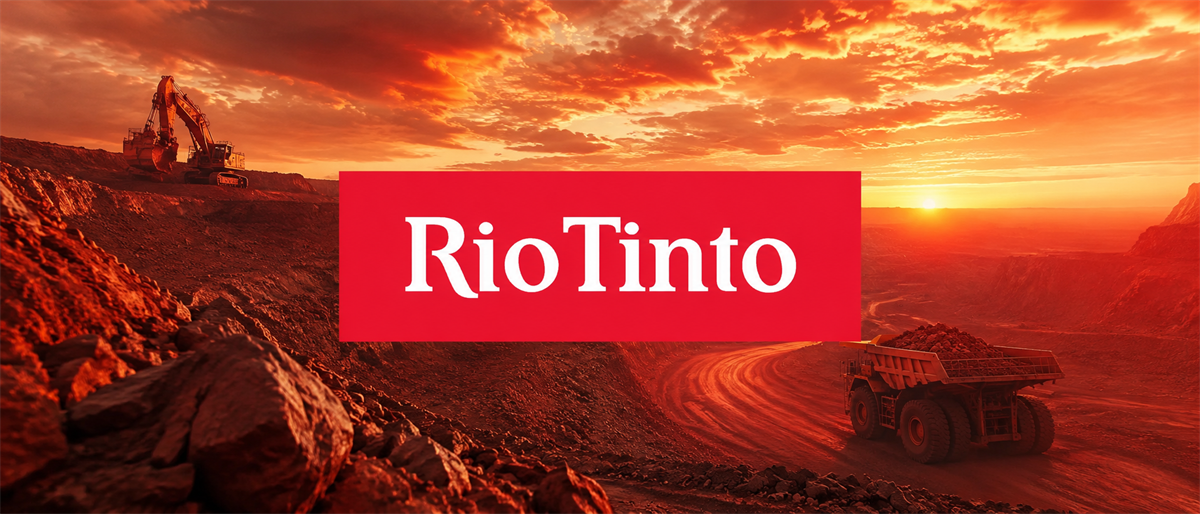 Rio Tinto logo displayed over a mining site with excavators and a haul truck at sunset.