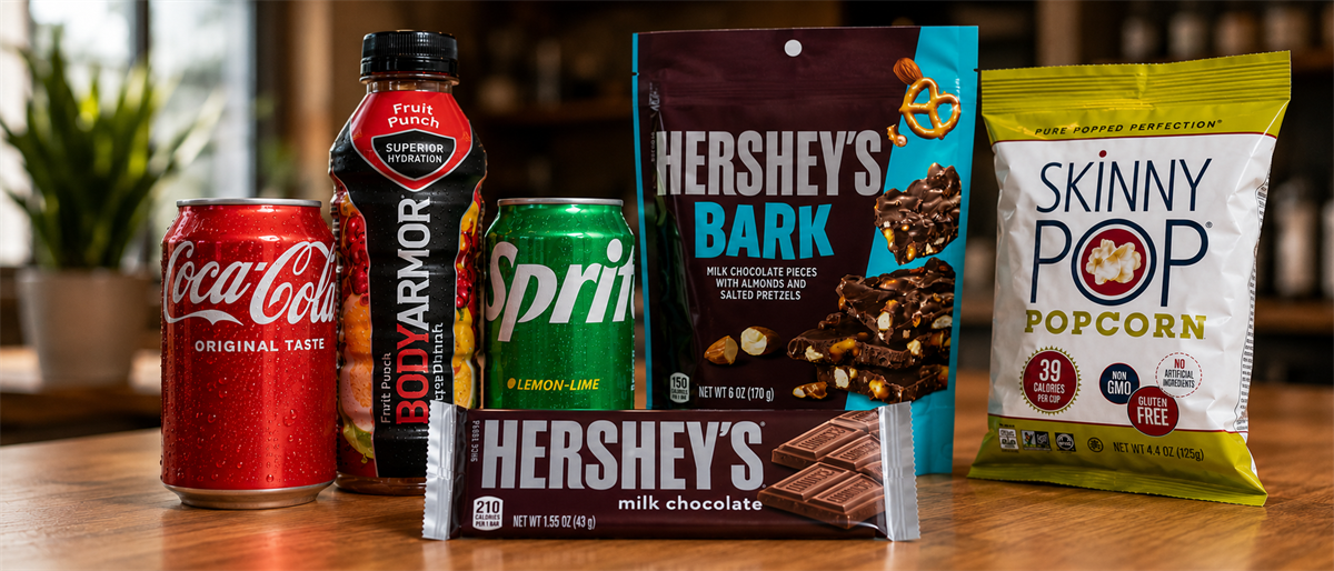 Coca-Cola, BodyArmor, Sprite, Hershey's Bark, Hershey's milk chocolate bar, and SkinnyPop popcorn displayed on a wooden counter.