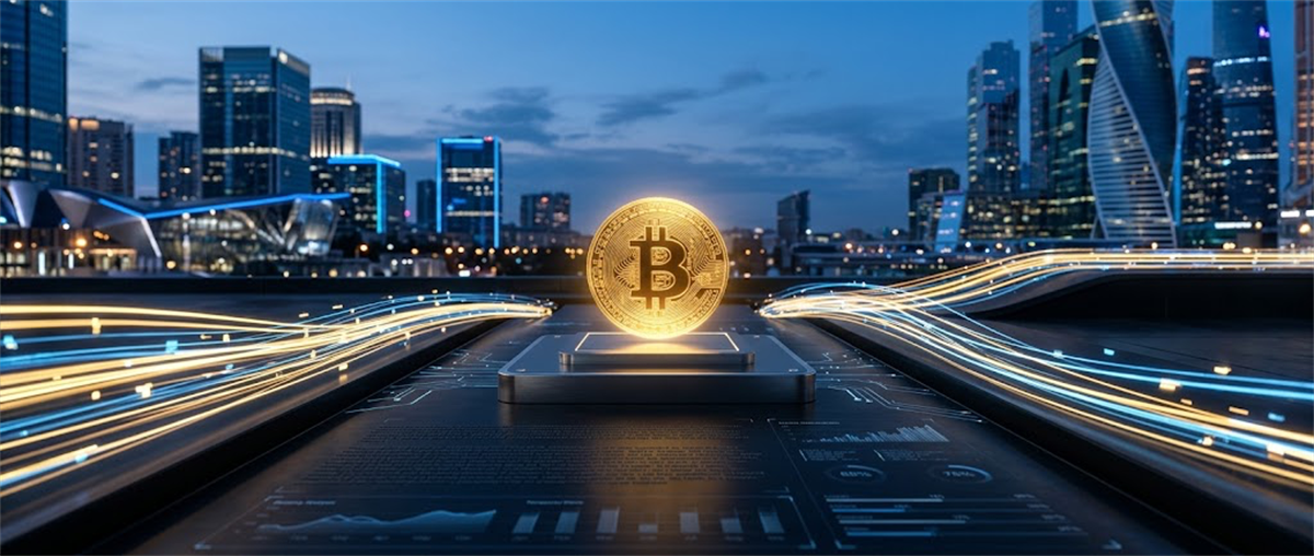 Illustration of a glowing gold Bitcoin coin above a digital device with data charts, set against a city skyline at night.