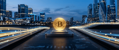 Illustration of a glowing gold Bitcoin coin above a digital device with data charts, set against a city skyline at night.