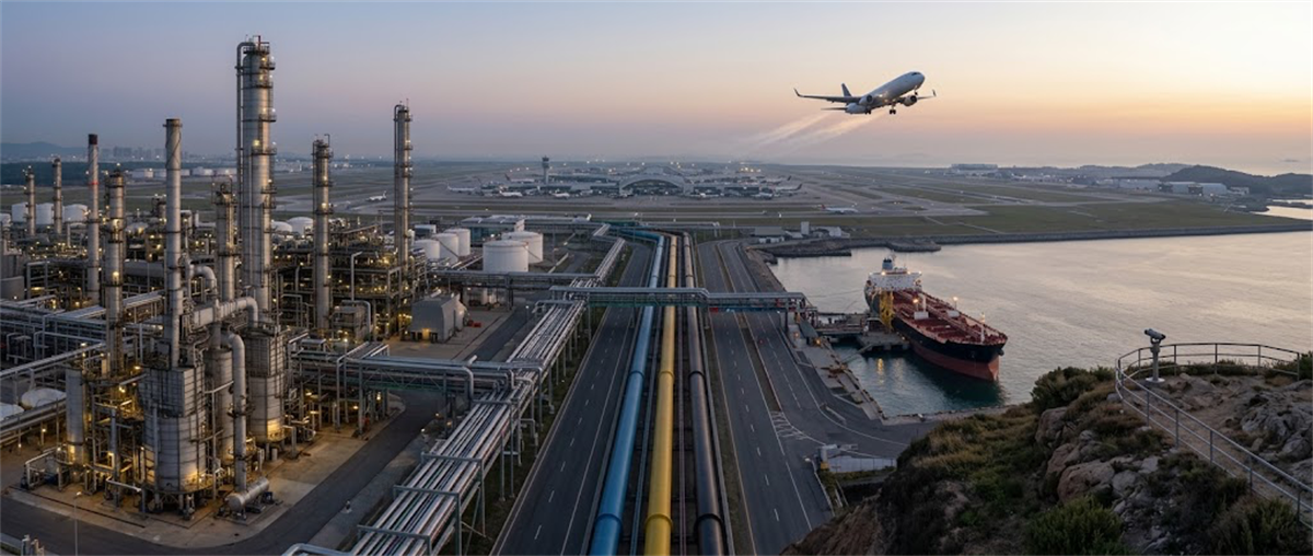 Aerial view of an oil refinery with pipelines, a tanker ship, and an airplane taking off near an airport at dusk.