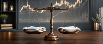 A brass balance scale weighs stacks of financial documents on a desk, with a stock candlestick chart in the background.