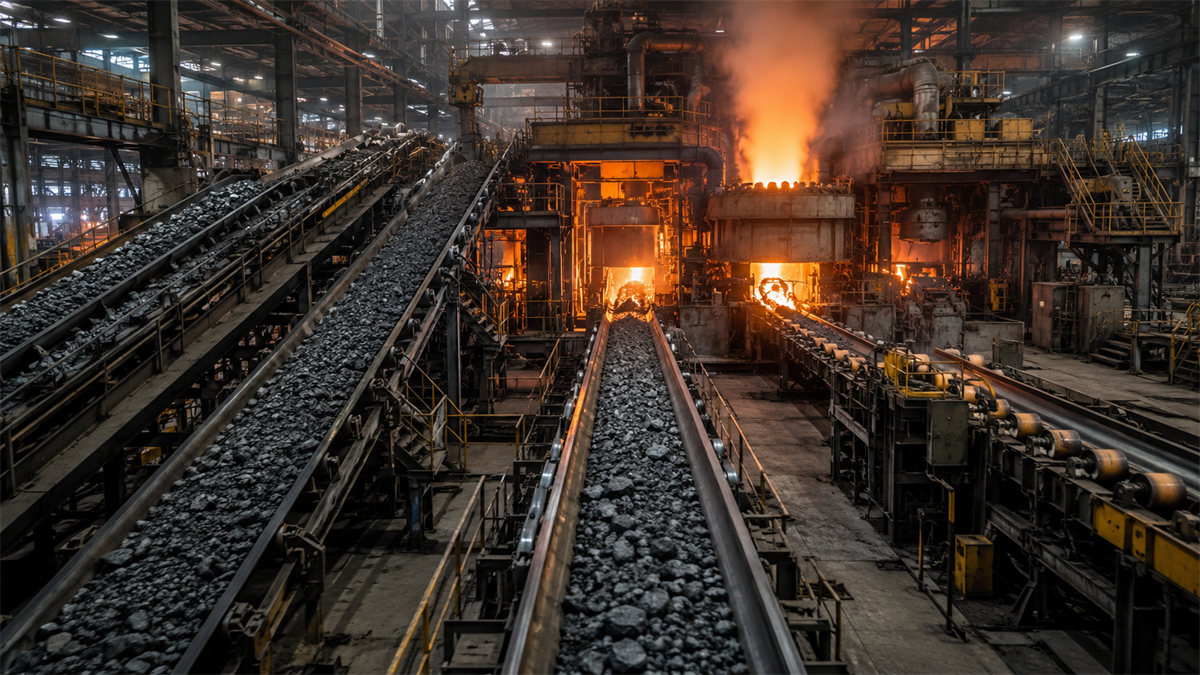 Interior of a steel mill showing conveyor belts of raw material and a glowing furnace with molten metal.