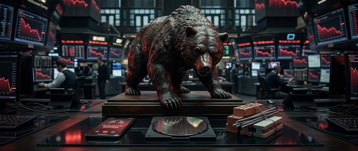 Bear statue on a trading desk surrounded by red downward stock charts on multiple monitors in a trading floor.