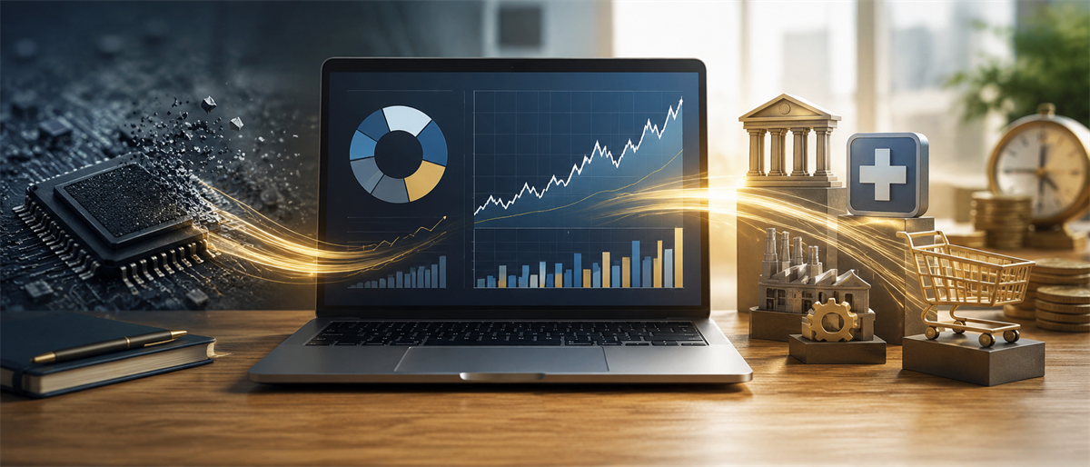 Laptop displaying stock price and bar charts on a desk, surrounded by icons representing tech, banking, healthcare, and retail sectors.