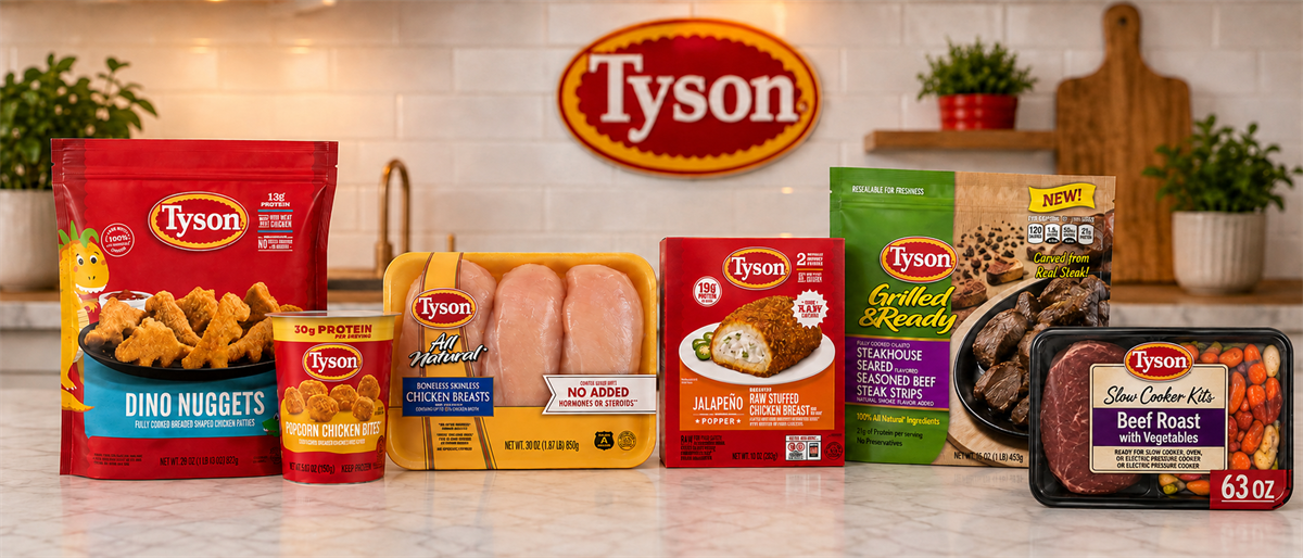 Tyson Foods products including Dino Nuggets, chicken breasts, jalapeño poppers, beef steak strips, and a slow cooker beef roast kit displayed on a counter.