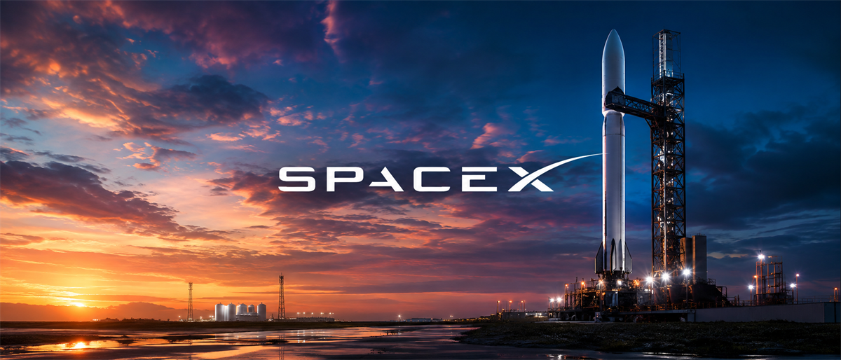 SpaceX logo beside a rocket on a launch pad at sunset, with a colorful sky in the background.