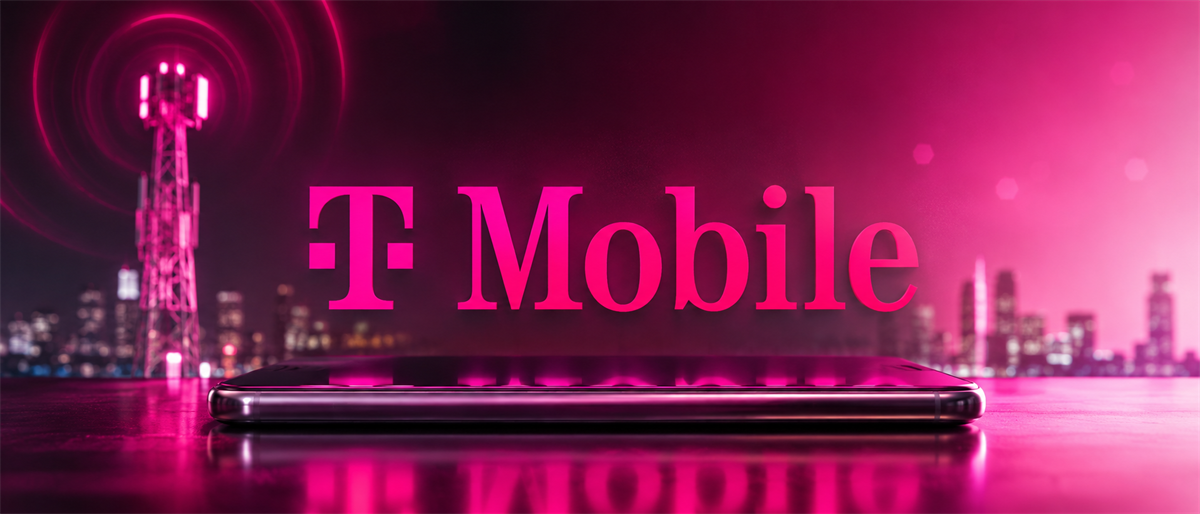T-Mobile logo illuminated in pink with a cell tower, city skyline, and smartphone in the foreground.