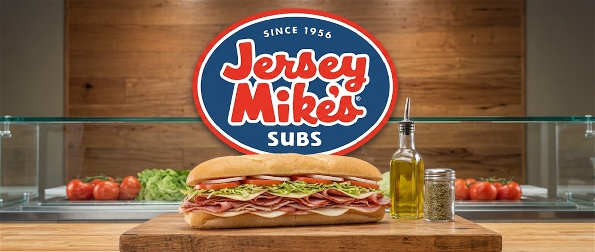 Jersey Mike's Subs logo above a sandwich on a wooden counter with tomatoes, lettuce, oil, and seasoning.